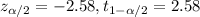 z_{\alpha/2}=-2.58, t_{1-\alpha/2}=2.58