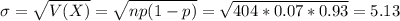 \sigma = \sqrt{V(X)} = \sqrt{np(1-p)} = \sqrt{404*0.07*0.93} = 5.13