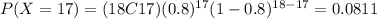 P(X=17)=(18C17)(0.8)^{17} (1-0.8)^{18-17}=0.0811
