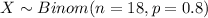 X \sim Binom(n=18, p=0.8)