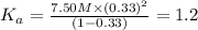 K_a=\frac{7.50 M\times (0.33)^2}{(1-0.33)}=1.2
