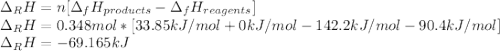 \Delta _RH=n[\Delta _fH_{products}-\Delta _fH_{reagents}]\\\Delta _RH=0.348mol*[33.85 kJ/mol+0kJ/mol-142.2 kJ/mol-90.4 kJ/mol]\\\Delta _RH=-69.165kJ