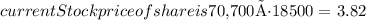 current Stock price of share is   $70,700÷18500 =  $3.82