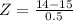 Z = \frac{14 - 15}{0.5}