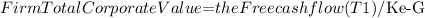 Firm Total Corporate Value $=$ the Free cash flow (T1)/ $\mathrm{Ke}-\mathrm{G}$