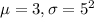 \mu = 3, \sigma = 5^{2}