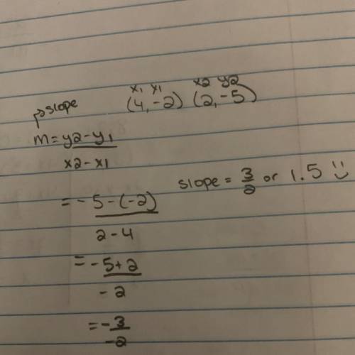 Find the slope given two points.(4,-2) and (2,-5)