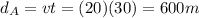 d_A=vt=(20)(30)=600 m