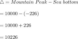 \bigtriangleup =Mountain \ Peak-Sea \ bottom\\\\=10000-(-226)\\\\=10000+226\\\\=10226