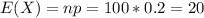 E(X) = np = 100*0.2 = 20