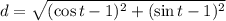 d = \sqrt{(\cos t - 1)^{2}+(\sin t - 1)^{2}}