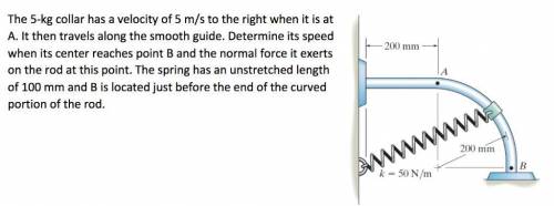 The 5-kg collar has a velocity of 5 m>s to the right when it is at A. It then travels along the s