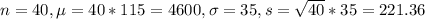 n = 40, \mu = 40*115 = 4600, \sigma = 35, s = \sqrt{40}*35 = 221.36