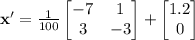 \mathbf x'=\frac1{100}\begin{bmatrix}-7&1\\3&-3\end{bmatrix}+\begin{bmatrix}1.2\\0\end{bmatrix}