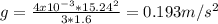 g=\frac{4x10^{-3}*15.24^{2}  }{3*1.6} =0.193 m/s^{2}