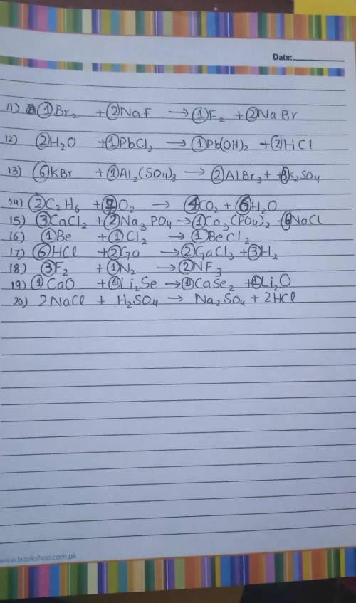11)  Br2 +  NaF   F2 +  NaBr12)  HOH +  PbCl2  Pb(OH)2 +  HCl13)  KBr +  Al2(SO4)3   AlBr3 +  K2S