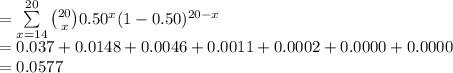 =\sum\limits^{20}_{x=14} {{20\choose x}0.50^{x}(1-0.50)^{20-x}}\\=0.037+0.0148+0.0046+0.0011+0.0002+0.0000+0.0000\\=0.0577