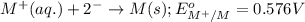 M^{+}(aq.)+2^-\rightarrow M(s);E^o_{M^+/M}=0.576V