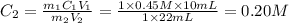 C_2=\frac{m_1C_1V_1}{m_2V_2}=\frac{1\times 0.45 M\times 10 mL}{1\times 22 mL}=0.20 M