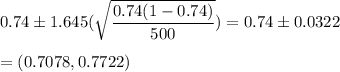 0.74\pm 1.645(\sqrt{\dfrac{0.74(1-0.74)}{500}}) = 0.74\pm 0.0322\\\\=(0.7078,0.7722)