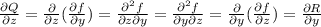 \frac{\partial Q}{\partial z}=\frac{\partial}{\partial z}(\frac{\partial f}{\partial y})=\frac{\partial^2 f}{\partial z\partial y}=\frac{\partial^2 f}{\partial y\partial z}=\frac{\partial}{\partial y}(\frac{\partial f}{\partial z})=\frac{\partial R}{\partial y}