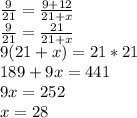 \frac{9}{21}=\frac{9+12}{21+x}\\\frac{9}{21}=\frac{21}{21+x}\\9(21+x)=21*21\\189+9x=441\\9x=252\\x=28