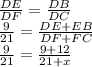 \frac{DE}{DF}=\frac{DB}{DC}\\\frac{9}{21}=\frac{DE+EB}{DF+FC}\\\frac{9}{21}=\frac{9+12}{21+x}