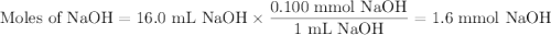 \text{Moles of NaOH} = \text{16.0 mL NaOH} \times \dfrac{\text{0.100 mmol NaOH}}{\text{1 mL NaOH}} = \text{1.6 mmol NaOH}