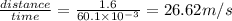 \frac{distance}{time}=\frac{1.6}{60.1\times 10^{-3}}=26.62 m/s