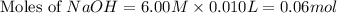 \text{Moles of }NaOH=6.00M\times 0.010L=0.06mol