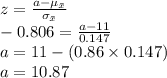 z=\frac{a-\mu_{\bar x}}{\sigma_{\bar x}}\\-0.806=\frac{a-11}{0.147}\\a=11-(0.86\times 0.147)\\a=10.87
