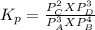 K_{p} =\frac{P_{C} ^{2} XP_{D} ^{3}}{P_{A} ^{3}XP_{B} ^{4}}
