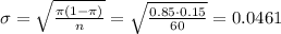 \sigma=\sqrt\frac{\pi(1-\pi)}{n}=\sqrt\frac{0.85\cdot 0.15}{60}=0.0461