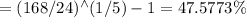 =(168 / 24)^{\wedge}(1 / 5)-1=47.5773 \%