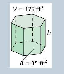 The volume V of a prism with base area B and height h is V=Bh . Solve the formula for h . Then use b