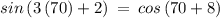 sin\left(3\left(70\right)+2\right)\:=\:cos\left(70+8\right)