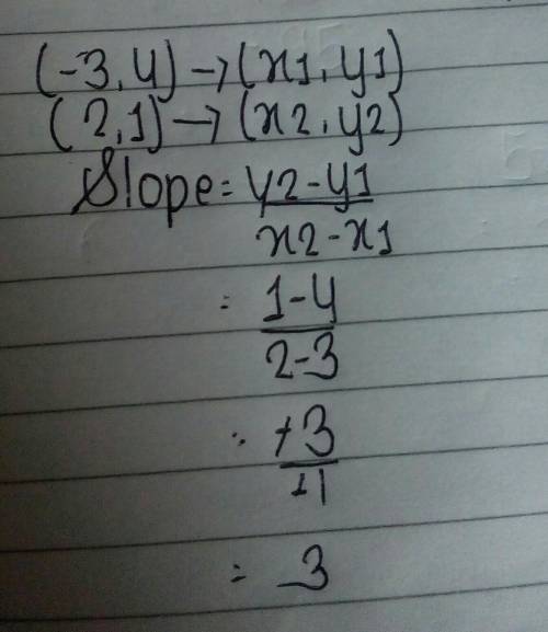 (-3,4),(2,1) find the slope of lines that contains the given points: