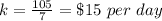 k=\frac{105}{7}=\$15\ per\ day