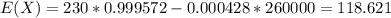 E(X) = 230*0.999572 - 0.000428*260000 = 118.621