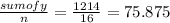 \frac{sum of y}{n} = \frac{1214}{16} = 75.875