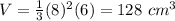 V=\frac{1}{3}(8)^2(6)=128\ cm^3