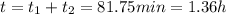 t=t_1+t_2=81.75 min =1.36 h