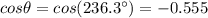 cos \theta = cos(236.3^{\circ})=-0.555