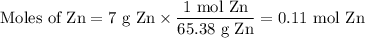 \text{Moles of Zn} =\text{7 g Zn} \times \dfrac{\text{1 mol Zn}}{\text{65.38 g Zn}} =\text{0.11 mol Zn}