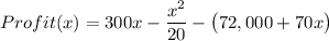 Profit(x)=300x-\dfrac{x^2}{20}-\big(72,000+70x\big)