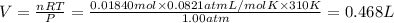 V=\frac{nRT}{P}=\frac{0.01840 mol\times 0.0821 atm L/mol K\times 310 K}{1.00 atm}=0.468 L