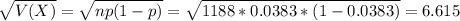 \sqrt{V(X)} = \sqrt{np(1-p)} = \sqrt{1188*0.0383*(1-0.0383)} = 6.615