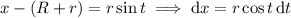 x-(R+r)=r\sin t\implies\mathrm dx=r\cos t\,\mathrm dt