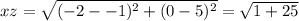 xz=\sqrt{(-2--1)^{2}+(0-5)^{2}}=\sqrt{1+25}