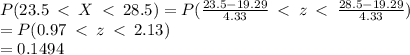 P(23.5  \:  <  \: X \:  <  \: 28.5) = P( \frac{23.5 - 19.29}{4.33}   \:  <  \: z \:  <  \:  \frac{28.5 - 19.29}{4.33} ) \\  = P( 0.97\:  <  \: z \:  <  \: 2.13) \\  = 0.1494